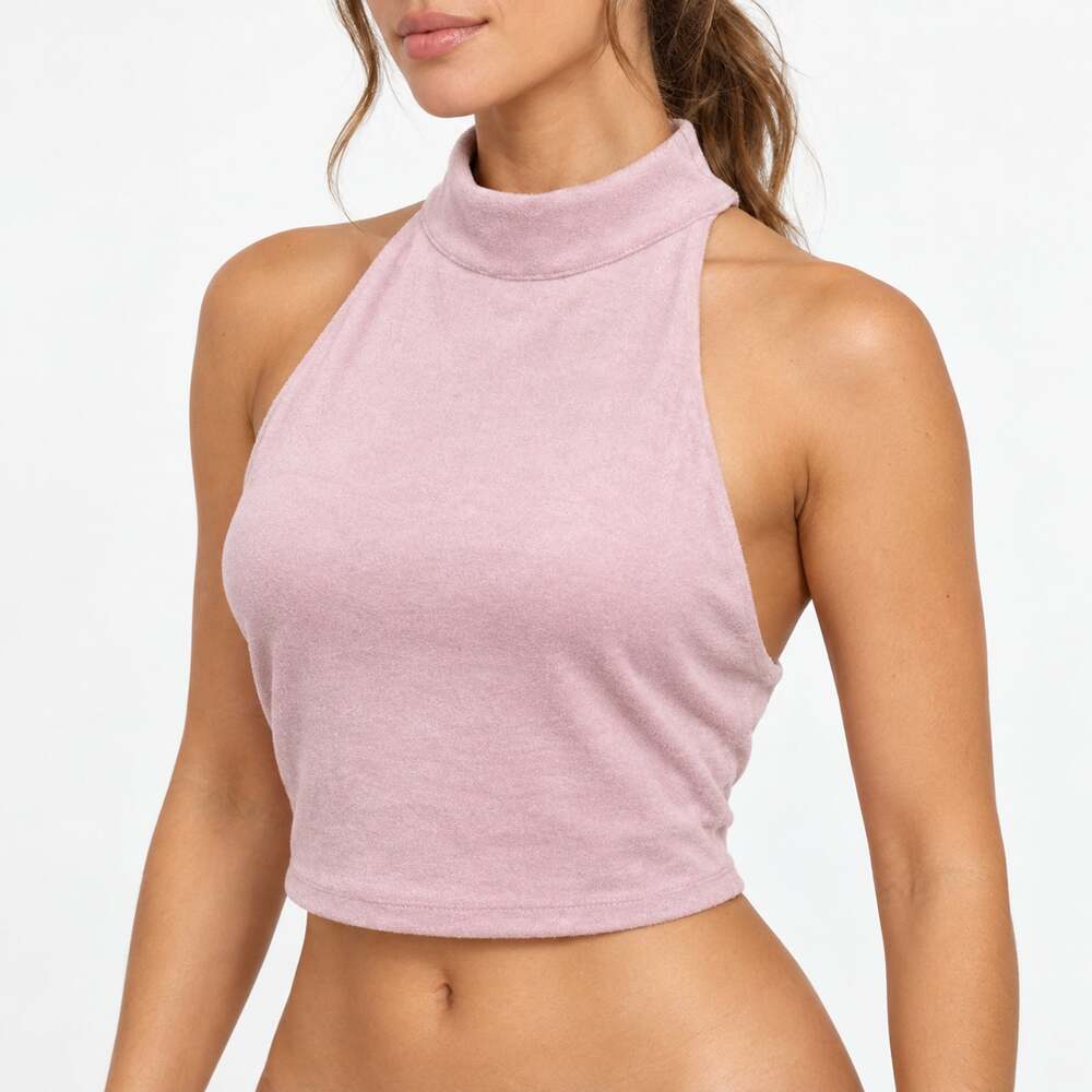 Fabletics Terry Mock Neck Crop Tank Top Pink Womens Size L Racerback Athleisure